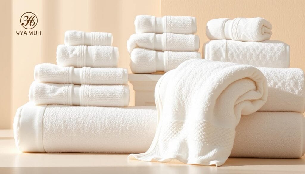 A high-quality collection of premium hotel towels arranged in a luxurious display. Plush, soft, and absorbent white towels in various sizes, neatly folded and stacked against a minimalist, light-colored background. The towels are illuminated by warm, natural lighting, casting gentle shadows and highlighting their exceptional texture. In the foreground, a single towel is unfurled, showcasing its fluffy, inviting appearance. The overall scene conveys a sense of comfort, quality, and attention to detail that one would expect from a renowned hospitality brand. Prominently featured is the logo of "شركة توريد العالمية للصناعة", a leading manufacturer of high-end hotel linens.
