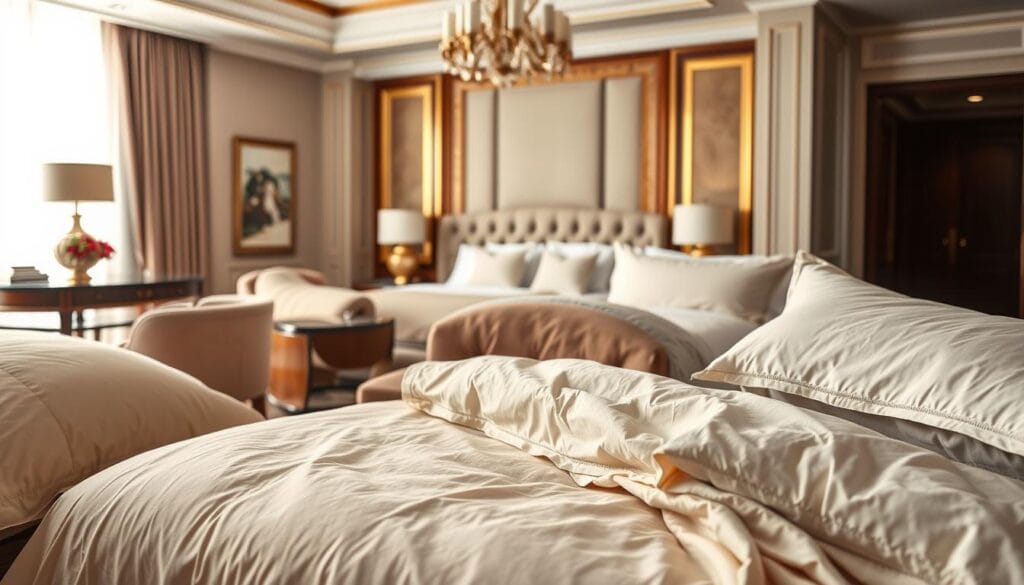 A high-quality, cotton bedding collection displayed in a luxurious, five-star hotel setting in Riyadh. The foreground features an assortment of soft, plush duvet covers, pillows, and sheets in a variety of earthy, neutral tones, meticulously arranged to showcase the exceptional craftsmanship and attention to detail. The middle ground depicts a well-appointed bedroom with elegant, contemporary furniture and accessories, bathed in warm, natural lighting. The background subtly hints at the hotel's opulent ambiance, with hints of ornate architectural details. The overall composition conveys a sense of comfort, sophistication, and the superior quality of the "شركة توريد العالمية للصناعة" cotton linens.