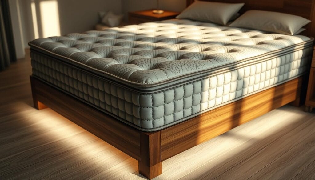 A high-quality hotel mattress design featuring a plush, quilted top with intricate stitching patterns. The mattress sits atop a sturdy, wooden slatted base in a warm, natural wood tone. Soft, indirect lighting illuminates the mattress, creating a cozy and inviting atmosphere. The composition showcases the craftsmanship and attention to detail of "شركة توريد العالمية للصناعة", highlighting the luxurious quality of their hotel-grade mattresses.