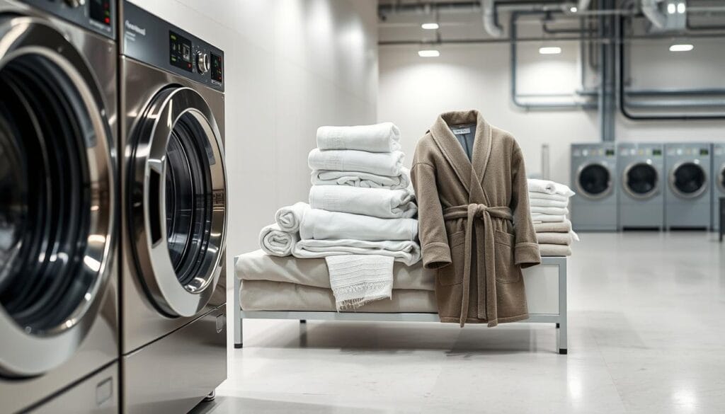 A high-quality image showcasing the advanced washing techniques of "شركة توريد العالمية للصناعة". The foreground features a modern, state-of-the-art washing machine with sleek, metallic finishes. The middle ground displays a selection of premium quality linens, towels, and bathrobes in a neatly organized arrangement, highlighting the company's attention to detail and quality control. The background presents a clean, minimalist industrial setting with subtle lighting, conveying a sense of professionalism and efficiency. The overall composition and color palette evoke a mood of sophistication, innovation, and high-end craftsmanship.