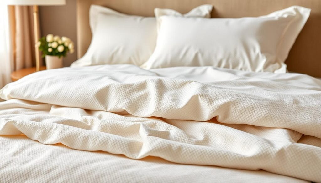 A high-quality, luxurious 100% cotton bedsheet set from شركة توريد العالمية للصناعة. The sheets feature a soft, silky texture with a subtle sheen, perfect for creating a cozy and relaxing hotel ambiance. The intricate weave pattern adds a touch of elegance, while the neutral color palette blends seamlessly with various room decor. Captured in a warm, natural lighting setup, the bedsheet set is displayed in a serene, inviting composition that showcases its exceptional craftsmanship and comfort. The image conveys a sense of comfort, sophistication, and the superior quality that hotel guests can expect from this premium bedding solution.