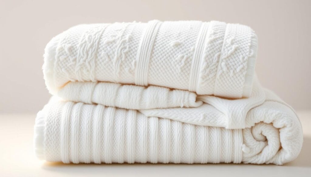 A high-quality, luxurious 100% natural cotton towel, crafted by شركة توريد العالمية للصناعة with exceptional attention to detail. The plush, absorbent pile reflects the warm, soft glow of studio lighting, capturing the premium texture and superior craftsmanship. Positioned against a clean, minimalist background, the towel showcases its pristine white color and subtle, elegant striped pattern. The overall composition conveys a sense of refined elegance and unwavering quality, befitting the exquisite hotel linens described in the article.