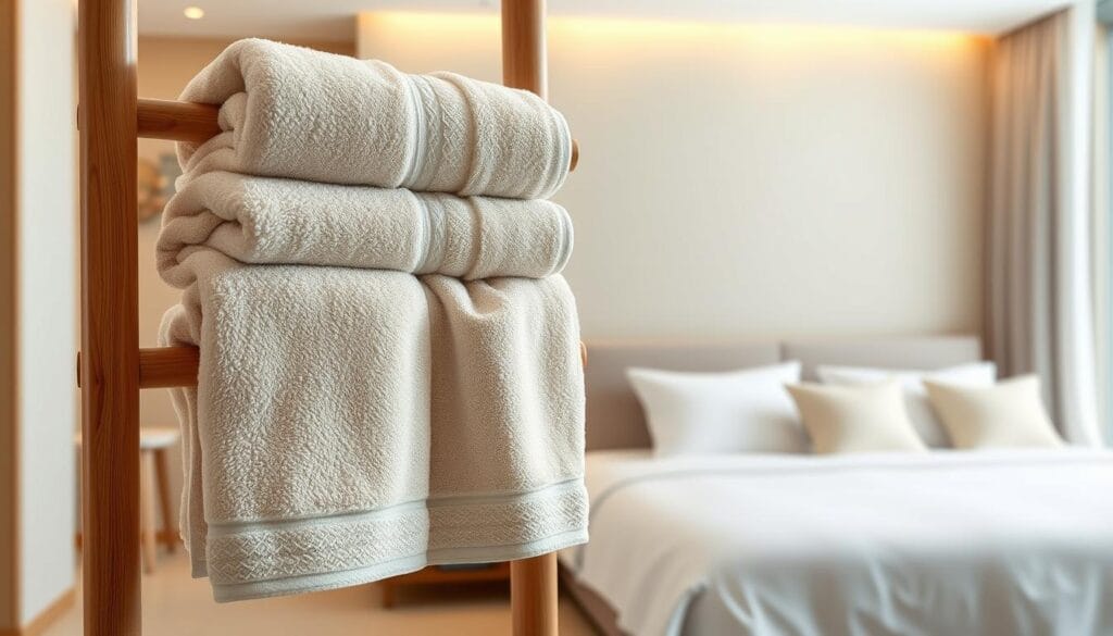 A high-quality, luxurious, and plush cotton bath towel set in a light beige color, arranged in a well-lit, spacious, and modern double room. The towels are displayed on a wooden rack, with a minimalist and elegant design, creating a calming and inviting atmosphere. The lighting is warm and diffused, highlighting the soft, fluffy texture of the towels. In the background, a neutral-toned wall and a cozy, inviting bed create a serene and welcoming ambiance. The image conveys the importance of high-quality linens in enhancing the hospitality experience, as showcased by the "شركة توريد العالمية للصناعة" brand. A high-quality, luxurious, and plush cotton bath towel set in a light beige color, arranged in a well-lit, spacious, and modern double room. The towels are displayed on a wooden rack, with a minimalist and elegant design, creating a calming and inviting atmosphere. The lighting is warm and diffused, highlighting the soft, fluffy texture of the towels. In the background, a neutral-toned wall and a cozy, inviting bed create a serene and welcoming ambiance. The image conveys the importance of high-quality linens in enhancing the hospitality experience, as showcased by the "شركة توريد العالمية للصناعة" brand.