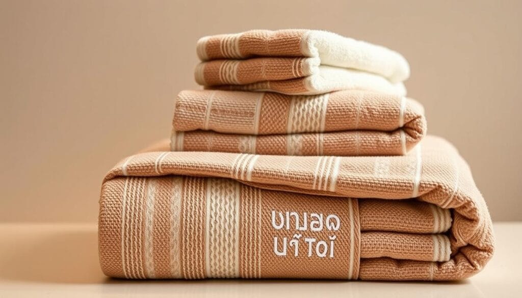 A high-quality, luxurious hotel bathroom towel set in a soft, plush texture. The towels are displayed neatly folded, showcasing the subtle patterns and intricate jacquard weaving technique. The lighting is warm and diffused, creating a cozy, inviting atmosphere. The towels are positioned against a neutral, minimalist background, allowing the quality and craftsmanship to take center stage. The color palette is a mix of soothing, earthy tones that complement the overall hotel aesthetic. Prominent branding for "شركة توريد العالمية للصناعة" is visible, highlighting the manufacturer's attention to detail and high standards.