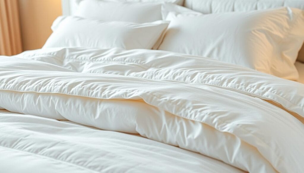 A high-quality, luxurious hotel bedding set with a pristine white color scheme. The bedding features elegant stitching patterns and a silky-smooth texture, exuding a sense of comfort and relaxation. The sheets, duvet cover, and pillowcases are made from premium fabrics that offer exceptional breathability and durability. The lighting is soft and warm, creating a cozy, inviting atmosphere. The entire scene is captured from a slightly low angle, emphasizing the plush, inviting nature of the hotel-grade bedding. In the background, a subtle gradient adds depth and dimension. This image showcases the exceptional quality and design of "شركة توريد العالمية للصناعة" hotel bedding.