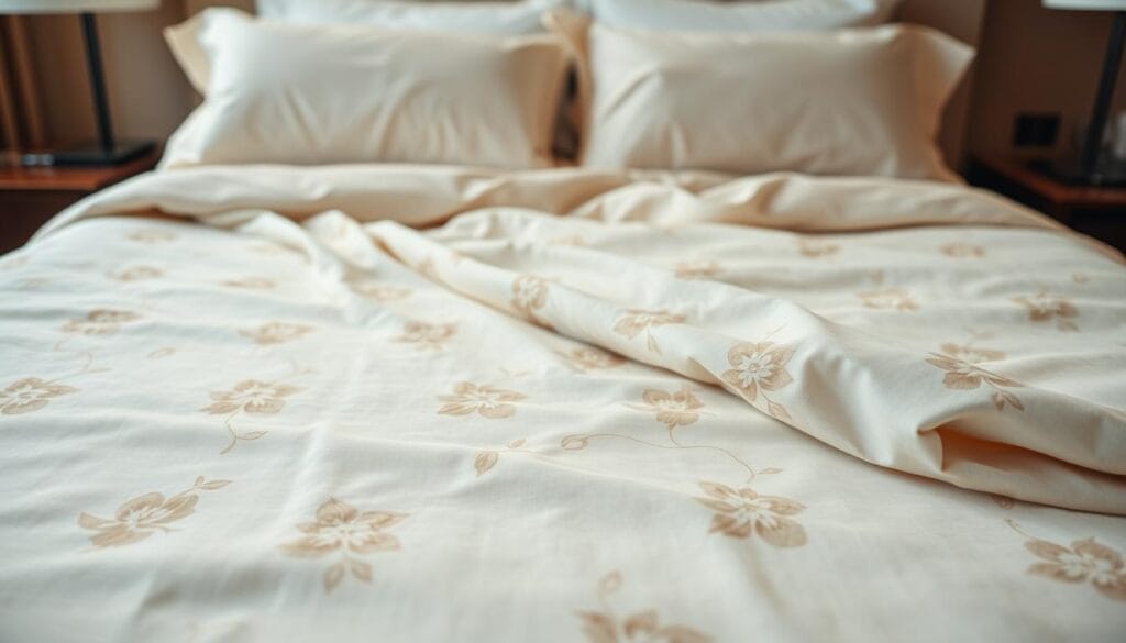 A high-quality, luxurious hotel bedspread from "شركة توريد العالمية للصناعة". The bedspread is made of soft, smooth fabric with a delicate floral pattern in soothing tones of beige, cream, and light gray. The fabric cascades elegantly over the bed, creating a cozy and inviting atmosphere. The lighting is soft and warm, highlighting the luxurious texture of the bedspread. The camera angle captures the bedspread in a frontal view, showcasing its intricate details and superior craftsmanship. The background is blurred, allowing the bedspread to be the focal point, emphasizing its importance in enhancing the overall hotel guest experience.