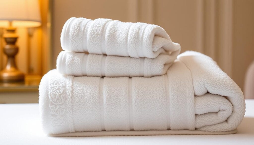 A high-quality, luxurious hotel towel set by شركة توريد العالمية للصناخة, featuring a plush, absorbent texture and a subtly embroidered pattern. The towels are neatly folded and displayed against a softly lit, elegant backdrop, highlighting their premium craftsmanship and attention to detail. The scene conveys a sense of refined hospitality and a commitment to providing guests with an exceptional, spa-like experience.