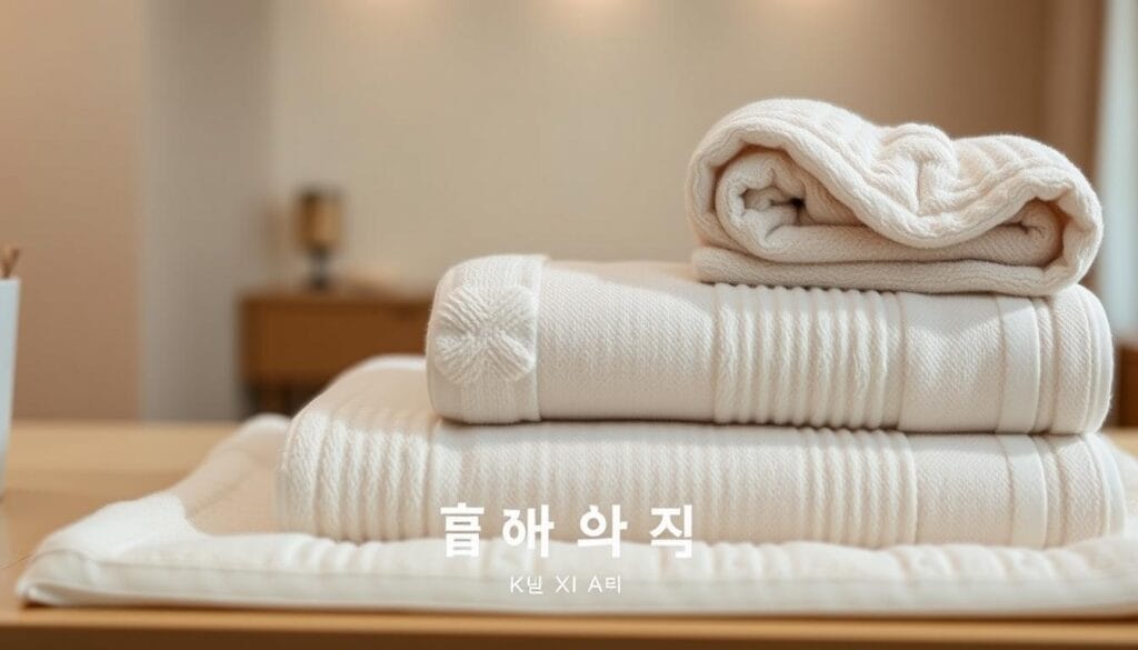 A high-quality, luxurious hotel towel set in a refined, elegant style. The towels are crafted with premium, ultra-soft cotton that feels plush and absorbent. Subtle, neutral tones create a sophisticated, spa-like ambiance. Detailed stitching and a slight sheen give the towels a premium, boutique hotel appearance. The middle ground features neatly folded towels, while the background showcases a minimalist, neutral-toned interior with soft lighting, hinting at an upscale hotel setting. Branding for "شركة توريد العالمية للصناعة" is subtly integrated into the design.