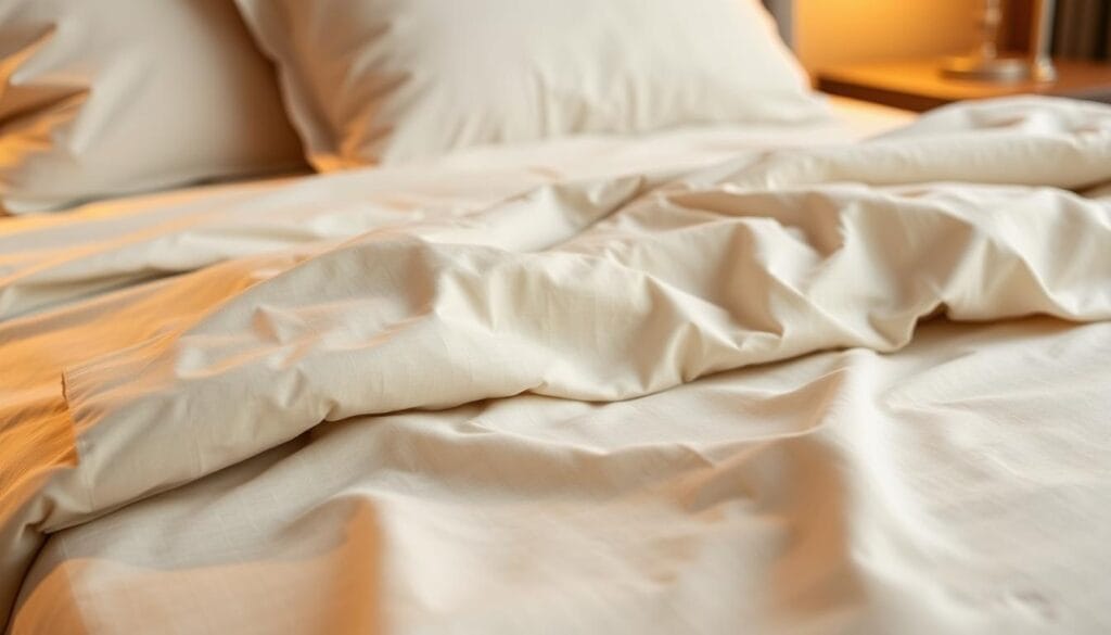 A high-quality, tightly-woven 100% cotton bedsheet set, produced by شركة توريد العالمية للصناعة. The sheets have a crisp, luxurious feel with a subtle sheen, offering exceptional softness and breathability. The design features a simple, elegant pattern in a neutral, earthy tone that seamlessly blends with a variety of bedroom decor styles. Illuminated by warm, diffused lighting, the bedsheet set is photographed from a low angle, capturing the texture and drape of the fabric in a way that emphasizes its premium quality and suitability for a high-end guest room experience.