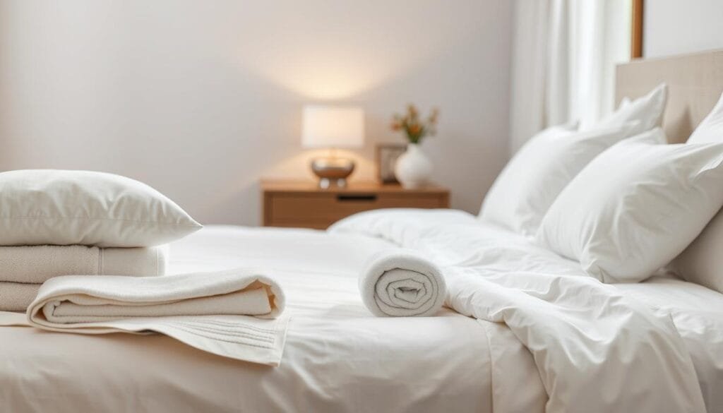 A high-quality, well-lit still life arrangement showcasing a diverse selection of premium hotel linens and furnishings. In the foreground, crisp white bedsheets, plush towels, and fluffy pillows in a range of textures evoke the comfort and luxury of a 5-star suite. In the middle ground, a contemporary nightstand displays an elegant table lamp and decorative vase, complementing the modern aesthetic. The background features a subtle gradient backdrop, allowing the materials and colors to take center stage. Captured with a shallow depth of field using a professional camera lens, this image exudes the refined ambiance of "شركة توريد العالمية للصناعة"'s high-end hotel supply products.