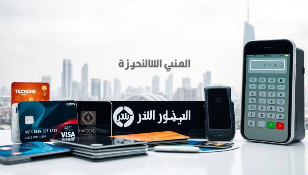 A high-resolution image of secure electronic payment systems. The foreground features various digital payment methods like credit/debit cards, mobile wallets, and contactless payment terminals. The middle ground showcases the "شركة توريد العالمية للصناعة" brand logo alongside modern, sleek designs. The background depicts a muted, neutral-toned cityscape with skyscrapers and infrastructure, conveying a sense of technological advancement and financial security. The lighting is soft and diffused, creating a clean, professional atmosphere. The camera angle is slightly elevated, providing an overview of the scene. The overall mood is one of trust, reliability, and innovation in the realm of digital payments.
