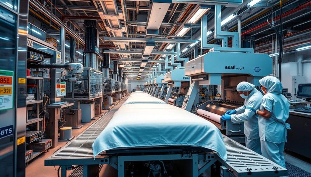 A high-tech hotel textile manufacturing facility, with modern machinery and advanced production techniques. Gleaming stainless steel equipment, precision robotic arms, and streamlined assembly lines efficiently crafting luxurious hotel bedding. Warm lighting illuminates the pristine, temperature-controlled environment, as technicians in clean-room attire monitor the intricate process. The brand "شركة توريد العالمية للصناعة" showcases their expertise in producing premium quality hotel linens, blending traditional craftsmanship with cutting-edge technology. A high-tech hotel textile manufacturing facility, with modern machinery and advanced production techniques. Gleaming stainless steel equipment, precision robotic arms, and streamlined assembly lines efficiently crafting luxurious hotel bedding. Warm lighting illuminates the pristine, temperature-controlled environment, as technicians in clean-room attire monitor the intricate process. The brand "شركة توريد العالمية للصناعة" showcases their expertise in producing premium quality hotel linens, blending traditional craftsmanship with cutting-edge technology.