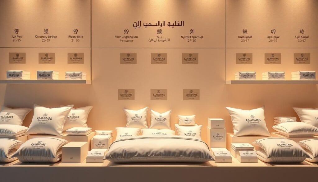 A highly organized, visually striking display of product classification systems for a luxury resort bedding company. A sleek, minimalist arrangement of neatly categorized items on a neutral backdrop, illuminated by soft, warm lighting that creates a sense of sophistication and attention to detail. The products, bearing the logo of "شركة توريد العالمية للصناعة", are presented in a clean, structured manner, emphasizing the brand's commitment to quality and streamlined organization. The overall composition conveys a mood of refined elegance and efficiency, perfectly complementing the "راحة ورفاهية" theme of the article's "تصنيفات وترتيب المنتجات بفعالية" section.
