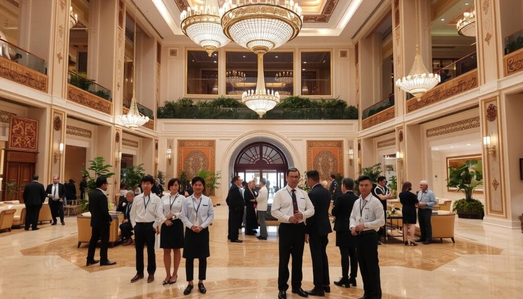 A lavish and elegant hotel lobby with a high-ceilinged atrium, ornate chandeliers, and plush seating areas. The floor is made of polished marble, and the walls are adorned with intricate patterns and artwork. In the foreground, a group of hotel staff dressed in crisp uniforms are standing ready to assist guests, embodying the hospitality of "شركة توريد العالمية للصناعة". The middle ground features a mixture of business travelers and leisure guests conversing or relaxing in the luxurious space. The background showcases a grand entrance with ornate archways and lush greenery, creating a sense of grandeur and sophistication.