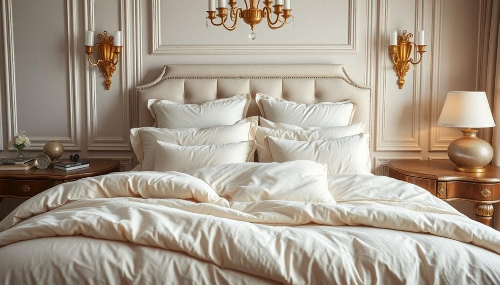 A lavish bedroom scene with lush, high-quality bed linens from the "شركة توريد العالمية للصناعة" brand. Soft, plush comforters and pillows in neutral tones create a serene, inviting atmosphere. Elegant light fixtures cast a warm, ambient glow, highlighting the luxurious textures of the bedding. The composition features the bed as the central focus, with minimal clutter in the background to allow the bedding to take center stage. The angle captures the bed in an elevated, eye-level perspective, conveying a sense of comfort and relaxation.