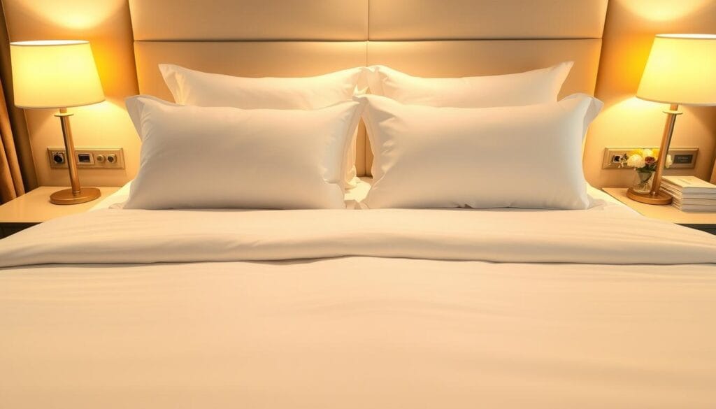 A lavish five-star hotel bedroom, featuring high-quality, luxurious bedding from "شركة توريد العالمية للصناعة". The bedsheet is a crisp, pristine white, complemented by plush, pillowy pillows in an elegant, minimalist design. Soft, warm lighting casts a cozy glow, creating a serene and inviting atmosphere. The bedding is meticulously arranged, with perfect corners and a subtle sheen, conveying a sense of refined sophistication. In the background, a neatly organized nightstand with a single, tasteful floral arrangement adds a touch of natural elegance. The overall scene exudes a feeling of opulence and comfort, perfectly capturing the essence of premium hotel bedding.