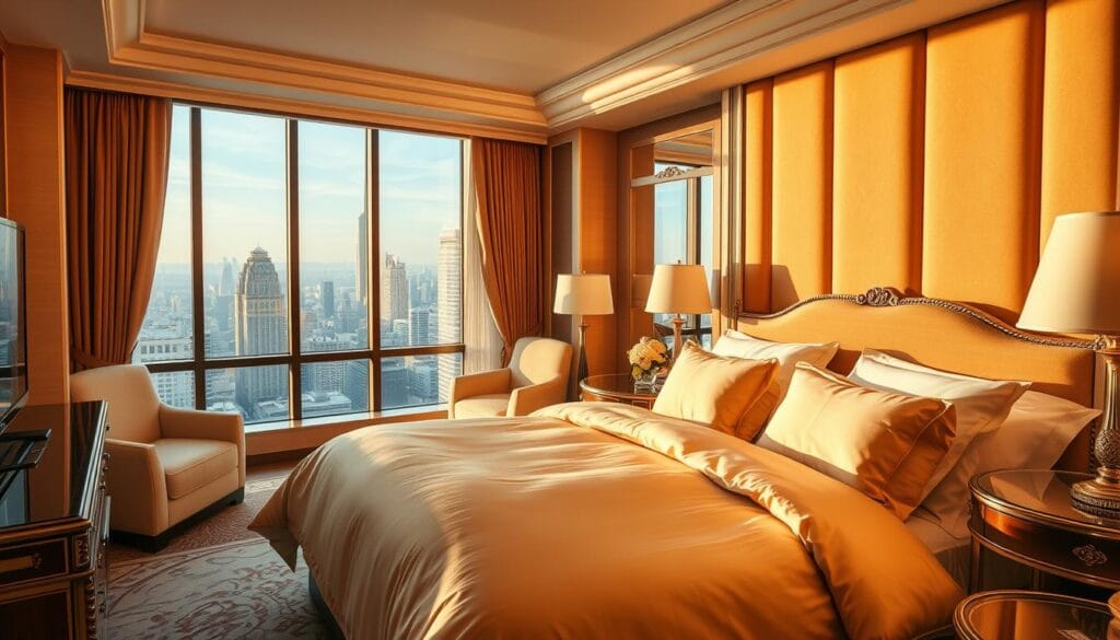 A lavish five-star hotel bedroom in the heart of the city, bathed in warm, golden light. Plush, premium-quality bedding in a sumptuous fabric adorns the inviting king-size bed, creating an atmosphere of pure luxury and comfort. The room's elegant decor, featuring hand-crafted furniture and tasteful accents, reflects the high standards of "شركة توريد العالمية للصناعة". Large windows offer breathtaking views of the bustling city skyline, while soft, diffused lighting sets a serene, relaxing mood. The overall scene conveys a sense of indulgence and exceptional hospitality, perfectly capturing the benefits of providing premium bedding for discerning guests.