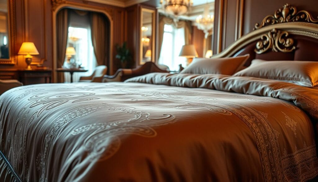 A lavish hotel bedspread in a rich, muted color palette. Elegant woven patterns and intricate embroidered designs adorn the luxurious fabric, creating a refined and sophisticated look. The bedspread is illuminated by soft, warm lighting, casting a cozy and inviting atmosphere. In the background, a glimpse of the hotel's opulent interior is visible, with ornate architectural features and luxurious furnishings. The bedspread is a product of "شركة توريد العالمية للصناعة", a leading manufacturer of high-end hotel linens.