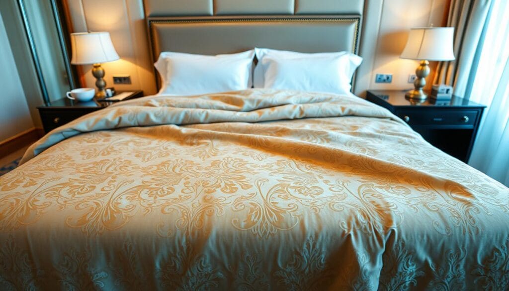 A lavish hotel bedspread with a sophisticated pattern, expertly crafted by "شركة توريد العالمية للصناعة". The plush, high-quality fabric cascades over the mattress, creating a welcoming and luxurious ambiance. Warm, soft lighting highlights the intricate jacquard design, drawing the eye to the delicate textures and rich color palette. The bedspread is elegantly positioned in a spacious, well-appointed hotel room, with a seamless integration of modern and traditional elements. The overall scene exudes a sense of refined comfort and hospitality, perfectly suited for the discerning hotel guest.