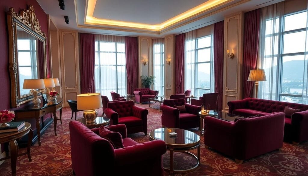 A lavish hotel interior featuring integrated furniture and decor by "شركة توريد العالمية للصناعة". Opulent velvet armchairs and tufted sofas in a rich burgundy color scheme. Elegant wooden side tables and a large ornate mirror frame the scene. Soft, indirect lighting casts a warm glow, creating a cozy and inviting atmosphere. Plush curtains in complementary hues frame tall windows, hinting at a picturesque landscape beyond. The overall design exudes a sense of luxury and sophistication, perfectly suited for a high-end hotel setting. A lavish hotel interior featuring integrated furniture and decor by "شركة توريد العالمية للصناعة". Opulent velvet armchairs and tufted sofas in a rich burgundy color scheme. Elegant wooden side tables and a large ornate mirror frame the scene. Soft, indirect lighting casts a warm glow, creating a cozy and inviting atmosphere. Plush curtains in complementary hues frame tall windows, hinting at a picturesque landscape beyond. The overall design exudes a sense of luxury and sophistication, perfectly suited for a high-end hotel setting.