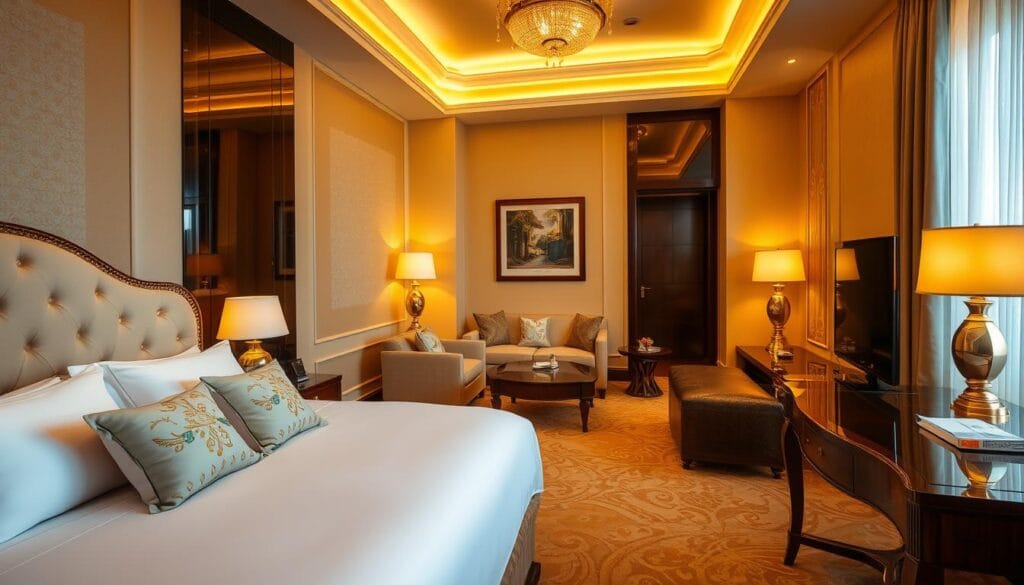 A lavish hotel suite featuring high-quality cotton furnishings in a luxurious Riyadh five-star hotel. The room is bathed in warm, golden lighting, casting a cozy, inviting atmosphere. Plush, tufted upholstery adorns the bed and seating areas, complemented by intricate embroidered patterns on the curtains and throw pillows. Sleek, polished wood furniture and gleaming brass accents create an elegant, sophisticated ambiance. The scene is captured through a wide-angle lens, showcasing the spacious, well-appointed interior. Brought to you by "شركة توريد العالمية للصناعة", your premier provider of high-end hotel textiles.