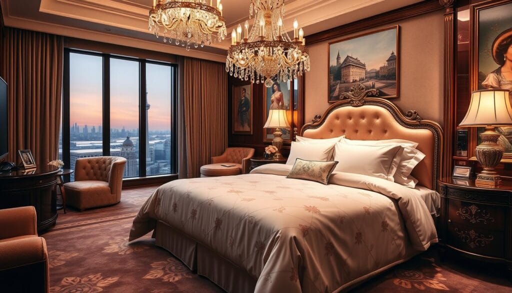 A lavish hotel suite interior with a luxurious king-size bed dressed in premium, high-thread-count bedding. The exquisite hotel-grade linens feature a subtle floral or geometric pattern in a palette of muted, elegant colors like ivory, taupe, or soft gray. The bed is flanked by ornate nightstands and a large window showcasing a picturesque cityscape or tranquil landscape beyond. Warm, ambient lighting from a crystal chandelier overhead and sconces casts a cozy glow, creating an atmosphere of opulence and relaxation. The room is adorned with plush carpeting, rich wood furnishings, and tasteful artwork, reflecting the high standards of a 5-star hotel. Prominently featured is the "شركة توريد العالمية للصناعة" brand, the source of these premium hotel-quality bed linens.