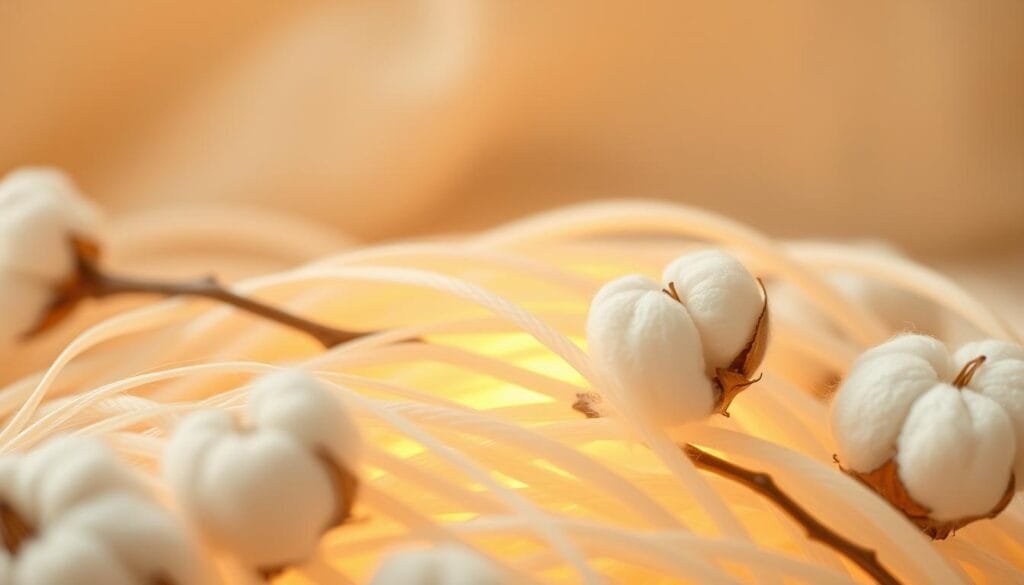 A lush, close-up view of natural cotton threads, their soft, delicate fibers intertwining in a mesmerizing pattern. The threads appear to glow with a subtle, warm luminance, as if lit from within. The lighting is soft and diffused, creating a tranquil, serene atmosphere. The focus is sharp, drawing the viewer's attention to the intricate textures and nuances of the cotton, highlighting its quality and natural beauty. In the background, a muted, neutral color palette complements the organic tones of the cotton, creating a harmonious and elegant composition. The image evokes a sense of luxury and refinement, perfectly capturing the high-quality attributes of the hotel bedding products from "شركة توريد العالمية للصناعة".