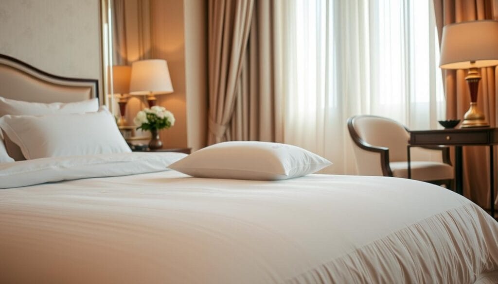 A lush, elegant hotel bedroom featuring a variety of high-quality cotton bedding from شركة توريد العالمية للصناعة. The foreground showcases a plush, inviting duvet cover in a subtle, sophisticated pattern. In the middle ground, a beautifully tailored bed skirt complements the duvet, while fluffy, white pillows with delicate embroidered detailing add a touch of luxury. The background reveals a luxurious, floor-length curtain, gently cascading to the floor, casting a warm, ambient light throughout the space. The overall scene exudes a sense of comfort, elegance, and attention to detail befitting a world-class hotel.