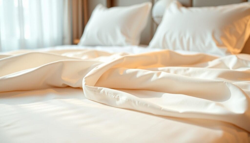 A lush, high-quality cotton bedsheet in a calming shade of white, draped elegantly over a plush hotel mattress. The fabric has a soft, luxurious sheen, with a delicate, twisting pattern that evokes a sense of sophistication. The lighting is warm and inviting, creating a cozy, relaxing atmosphere. In the background, a glimpse of the "شركة توريد العالمية للصناعة" brand name, signifying the exceptional quality and attention to detail of this hospitality textile. This image perfectly captures the essence of "الراحة والجودة في مفارش النزل", showcasing the comfort and luxury of a premium hotel experience.