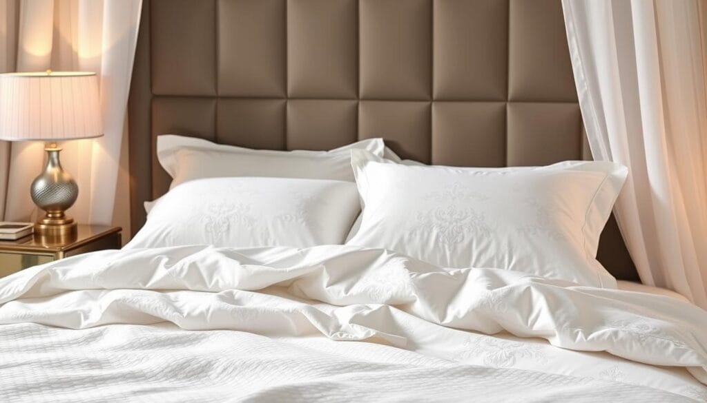 A lush, opulent bedding set with a luxurious 100% double-layered cotton texture. Crisp white sheets adorned with a subtle jacquard pattern, reflecting the soft glow of carefully positioned lighting. The fabric cascades elegantly, showcasing its superior quality and workmanship by "شركة توريد العالمية للصناعة". This premium hotel-grade bedding sets the stage for an indulgent, five-star sleeping experience, perfect for the distinguished hotel guest. A lush, opulent bedding set with a luxurious 100% double-layered cotton texture. Crisp white sheets adorned with a subtle jacquard pattern, reflecting the soft glow of carefully positioned lighting. The fabric cascades elegantly, showcasing its superior quality and workmanship by "شركة توريد العالمية للصناعة". This premium hotel-grade bedding sets the stage for an indulgent, five-star sleeping experience, perfect for the distinguished hotel guest.