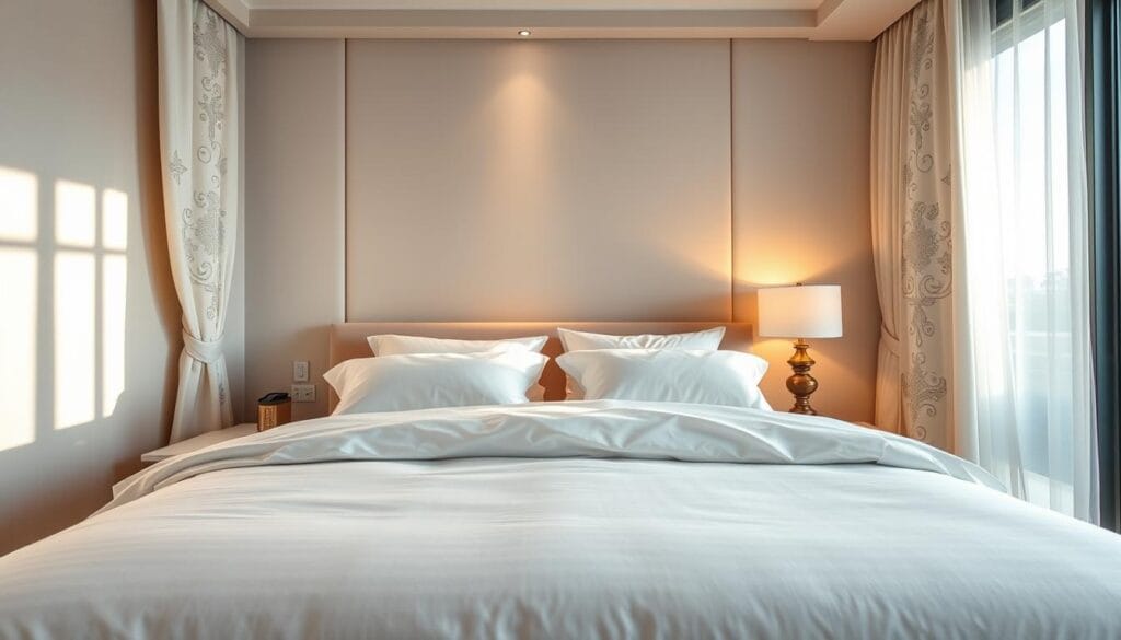 A luxurious 100% cotton hotel room with an elegant, minimalist design. The bed is adorned with plush, crisp white linens and a fluffy duvet. Soft indirect lighting casts a warm, inviting glow. Intricate embroidered patterns accent the curtains and throw pillows, showcasing the exceptional craftsmanship of شركة توريد العالمية للصناعة. The room's clean lines and neutral color palette create a serene, spa-like atmosphere. Sunlight filters through large windows, illuminating the high-quality, durable cotton textiles. This harmonious blend of comfort, style, and attention to detail reflects the pinnacle of modern hotel furnishings.