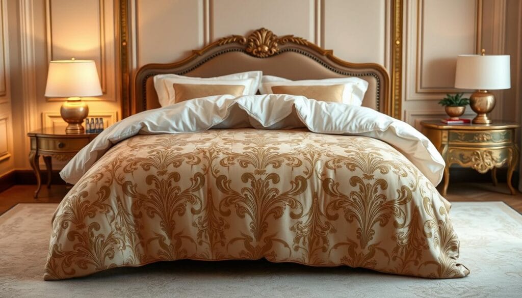 A luxurious and opulent comforter from the renowned "شركة توريد العالمية للصناعة" brand, showcasing exquisite craftsmanship and premium materials. The comforter is made from the softest, most high-quality fabrics, with a plush, down-filled interior that provides unparalleled warmth and comfort. The comforter is presented against a backdrop of a serene, elegant bedroom setting, with warm, diffused lighting highlighting its lush texture and rich color palette. The comforter's intricate, ornate pattern and its luxurious sheen create a sense of opulence and exclusivity, embodying the essence of a premium resort experience.