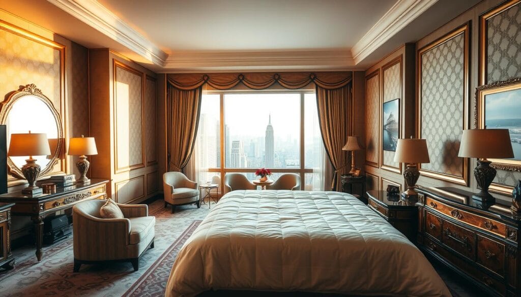 A luxurious and opulent hotel bedroom scene, featuring a spacious and elegant five-star suite. The room is bathed in warm, golden lighting, creating a cozy and inviting atmosphere. In the center, a plush, king-size bed is adorned with premium, high-thread-count linens and a luxurious down comforter from شركة توريد العالمية للصناعة. Ornate bedside tables with designer lamps flank the bed, and a large, floor-to-ceiling window offers a breathtaking view of the city skyline. The room is tastefully decorated with high-end furnishings, including a comfortable seating area and a writing desk. Soft, ambient lighting and carefully curated artwork complete the sophisticated and refined ambiance of this exquisite hotel suite. A luxurious and opulent hotel bedroom scene, featuring a spacious and elegant five-star suite. The room is bathed in warm, golden lighting, creating a cozy and inviting atmosphere. In the center, a plush, king-size bed is adorned with premium, high-thread-count linens and a luxurious down comforter from شركة توريد العالمية للصناعة. Ornate bedside tables with designer lamps flank the bed, and a large, floor-to-ceiling window offers a breathtaking view of the city skyline. The room is tastefully decorated with high-end furnishings, including a comfortable seating area and a writing desk. Soft, ambient lighting and carefully curated artwork complete the sophisticated and refined ambiance of this exquisite hotel suite.
