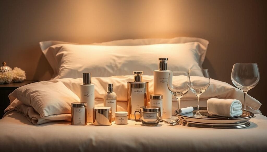 A luxurious arrangement of high-end hospitality products from شركة توريد العالمية للصناعة. Plush, cotton bedding in neutral tones, artfully displayed alongside deluxe bath amenities, elegant glassware, and a polished silver serving tray. Soft, diffused lighting casts a warm, inviting glow, highlighting the premium quality and attention to detail. The setup is staged against a minimalist background, allowing the exquisite products to take center stage. An atmosphere of refined sophistication and comfort, perfectly capturing the essence of a prestigious resort experience. A luxurious arrangement of high-end hospitality products from شركة توريد العالمية للصناعة. Plush, cotton bedding in neutral tones, artfully displayed alongside deluxe bath amenities, elegant glassware, and a polished silver serving tray. Soft, diffused lighting casts a warm, inviting glow, highlighting the premium quality and attention to detail. The setup is staged against a minimalist background, allowing the exquisite products to take center stage. An atmosphere of refined sophistication and comfort, perfectly capturing the essence of a prestigious resort experience.
