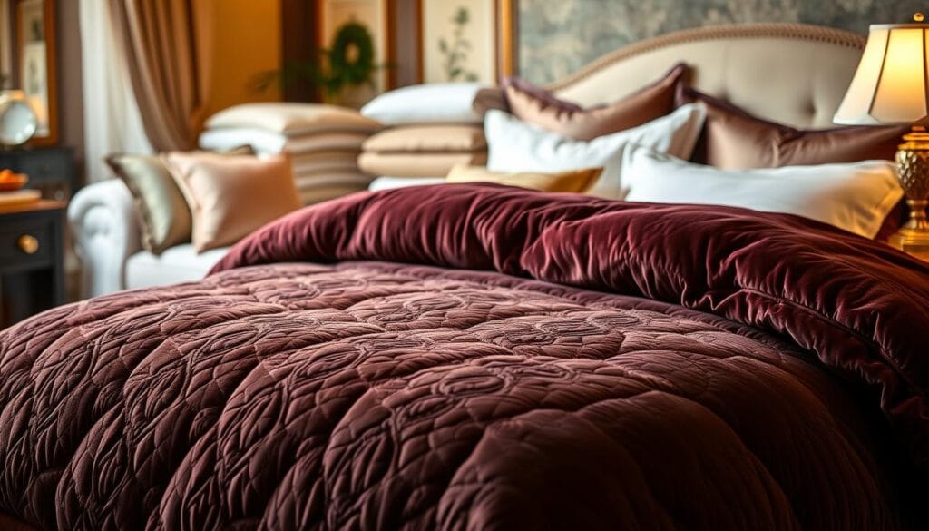 A luxurious bedroom scene, showcasing the finest materials and techniques in bedding manufacturing. In the foreground, a plush, oversized comforter in a sumptuous velvet fabric, featuring intricate quilting patterns and a rich, jewel-toned color palette. The comforter is complemented by an array of decorative pillows in complementary hues and textures, such as silk, satin, and fine linen. In the middle ground, a selection of premium-quality sheets and duvet covers, crafted by "شركة توريد العالمية للصناعة" using the latest advancements in fabric technology and finishing processes. The background depicts a cozy, well-appointed bedroom setting, with warm, ambient lighting and a serene, inviting atmosphere. A luxurious bedroom scene, showcasing the finest materials and techniques in bedding manufacturing. In the foreground, a plush, oversized comforter in a sumptuous velvet fabric, featuring intricate quilting patterns and a rich, jewel-toned color palette. The comforter is complemented by an array of decorative pillows in complementary hues and textures, such as silk, satin, and fine linen. In the middle ground, a selection of premium-quality sheets and duvet covers, crafted by "شركة توريد العالمية للصناعة" using the latest advancements in fabric technology and finishing processes. The background depicts a cozy, well-appointed bedroom setting, with warm, ambient lighting and a serene, inviting atmosphere.