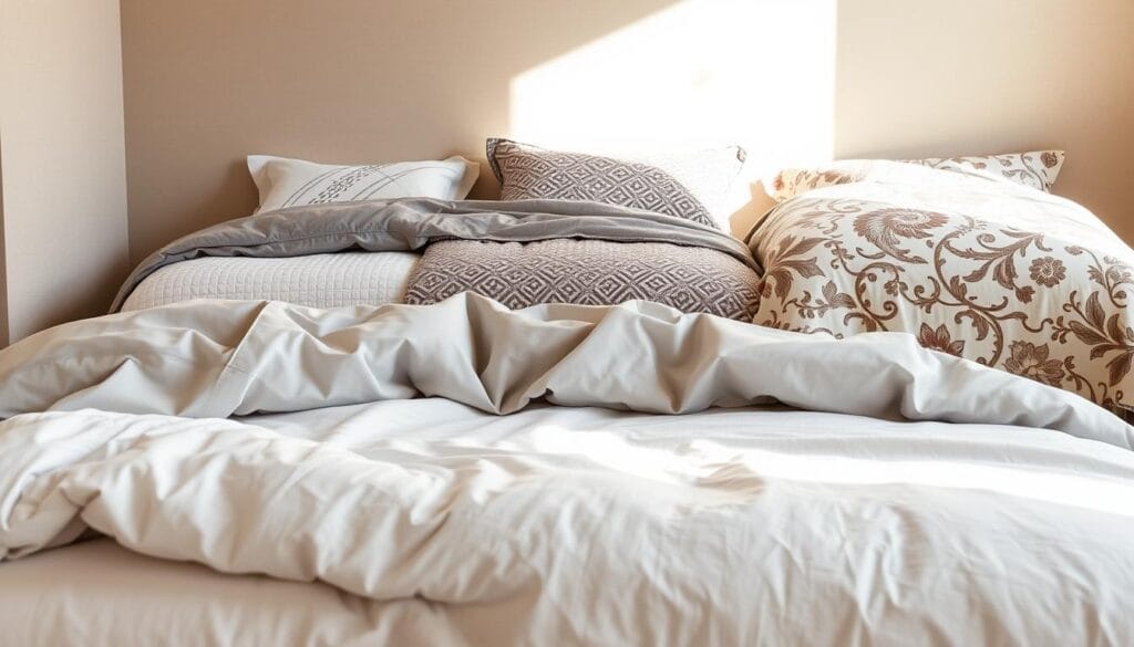 A luxurious bedroom setting with a comparison of high-quality bed coverings from the شركة توريد العالمية للصناعة brand. In the foreground, pristine white sheets and a plush duvet in varying shades of grey, highlighting their texture and softness. In the middle ground, two different patterned comforters, one in a minimalist geometric design and the other in a more ornate floral motif, showcasing the range of options. The background features a neutral-toned wall, allowing the bedding to take center stage. Soft, natural lighting casts a warm glow, creating an inviting and cozy atmosphere. The overall composition emphasizes the quality, style, and versatility of the bedding options, providing a visually compelling representation of the subject matter.