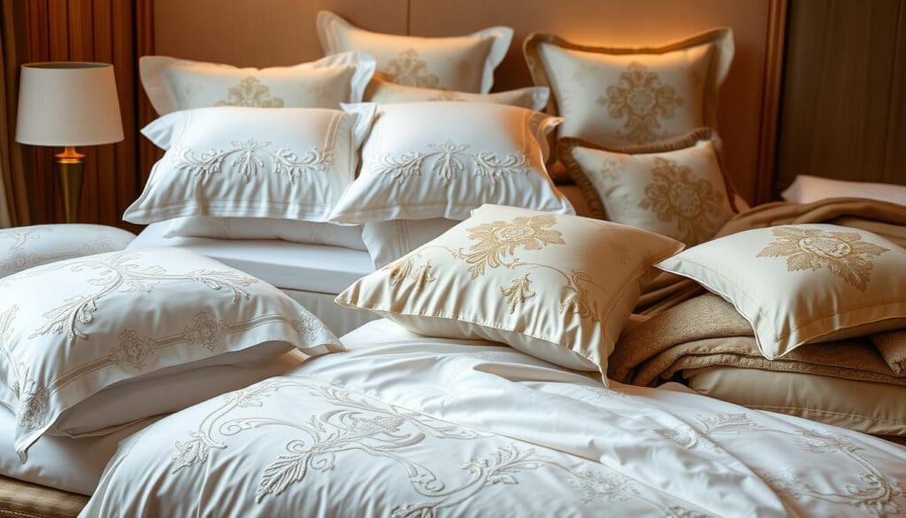 A luxurious display of high-quality hotel bedding in a warm, inviting atmosphere. Various sizes of crisp, white sheets with intricate embroidered patterns, perfectly folded and arranged to showcase their exceptional craftsmanship. Soft, plush duvet covers in a range of soothing colors, complemented by ornate pillows and throws, all radiating a sense of comfort and elegance. The scene is illuminated by soft, diffused lighting, capturing the premium quality and attention to detail of the "شركة توريد العالمية للصناعة" brand's hotel linen collection.