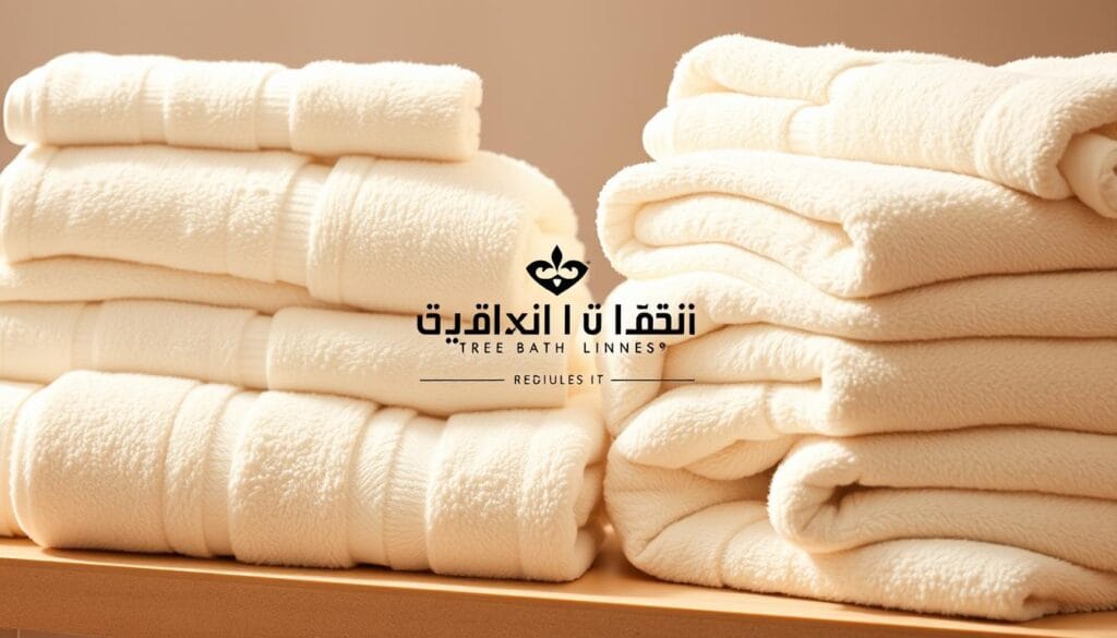 A luxurious display of plush, oversized bath towels in soft shades of white, ivory, and beige. The towels are neatly folded and stacked, creating a visually appealing and inviting arrangement. The lighting is soft and diffused, casting a warm glow that enhances the tactile quality of the fabrics. In the background, a subtle pattern or texture on the surface they are placed upon adds depth and interest to the scene. The overall mood is one of tranquility and high-end hospitality, reflecting the elegance and sophistication of a premier hotel or resort. Prominently featured is the logo of "شركة توريد العالمية للصناعة", the supplier of these premium bath linens.