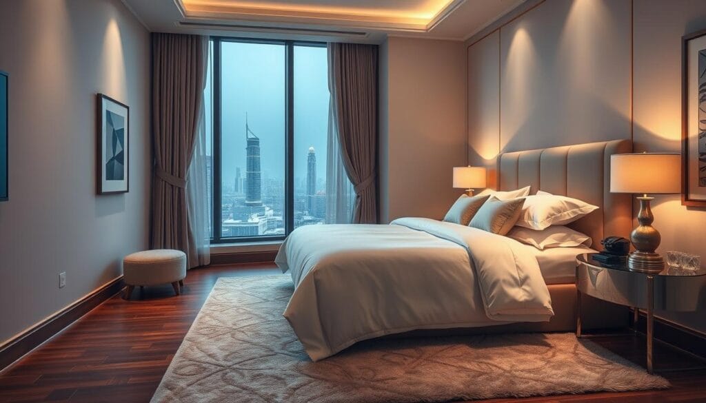 A luxurious five-star hotel bedroom in Riyadh, Saudi Arabia. The bed is dressed in premium bedding from the brand "شركة توريد العالمية للصناعة", featuring a plush comforter, crisp white sheets, and decorative pillows. Soft, warm lighting casts a cozy glow, creating a tranquil atmosphere. The room is spacious, with a large window overlooking the city skyline. The hardwood floors are accented by a plush area rug. Subtle, high-end decor elements like a stylish bedside table and minimalist artwork on the walls complete the elegant, restful ambiance.