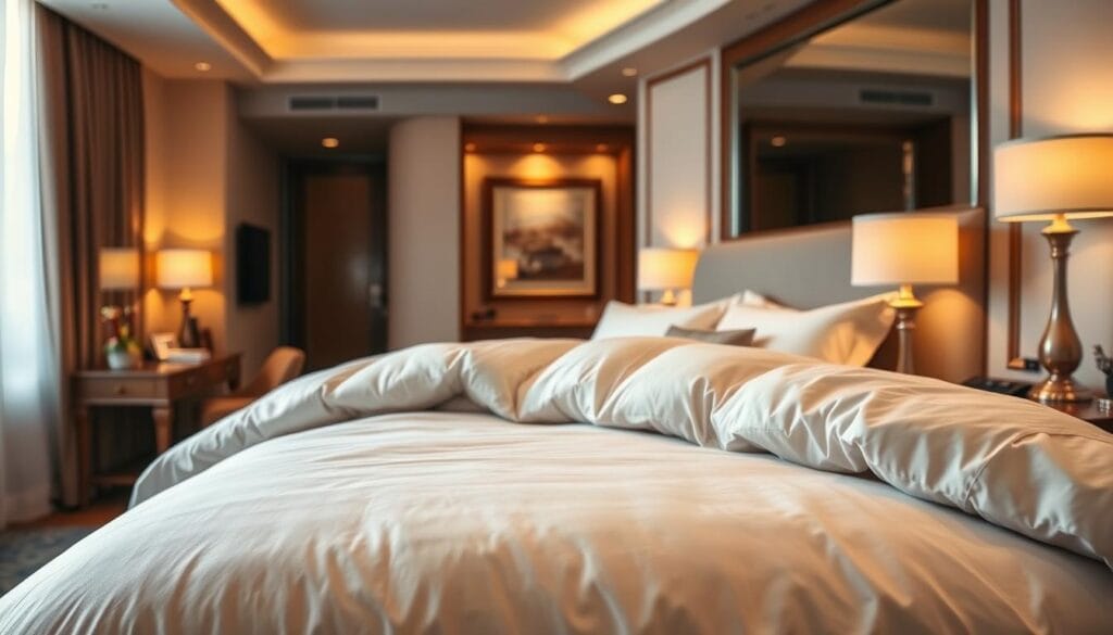 A luxurious five-star hotel bedroom with plush, high-quality hotel bedding in a warm, cozy atmosphere. The bed is adorned with a thick, plush duvet and pillows, inviting the viewer to sink into its soft embrace. The room is illuminated by warm, soft lighting, creating a serene and relaxing ambiance. In the foreground, the bedding takes center stage, showcasing the premium quality and craftsmanship of "شركة توريد العالمية للصناعة". The middle ground features a minimal, yet elegant room design, with wooden furnishings and a neutral color scheme. The background blends seamlessly, hinting at the hotel's high-end amenities and service. The overall scene exudes a sense of comfort, luxury, and an exceptional hotel experience.