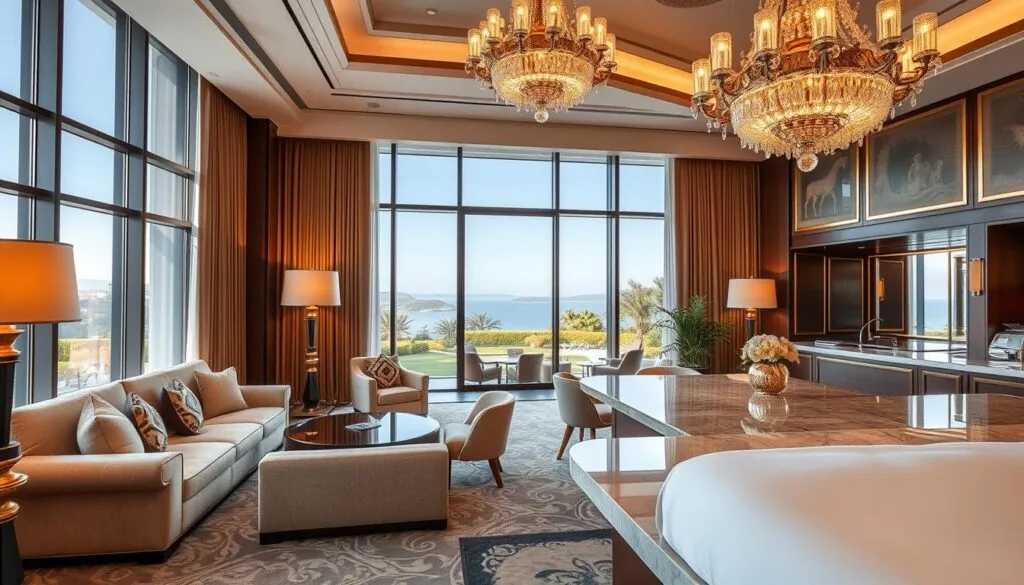 A luxurious five-star hotel interior with a modern, elegant design. The scene features plush furniture, intricate chandeliers, and large windows overlooking a picturesque landscape. Warm lighting creates a cozy, inviting atmosphere. In the foreground, a display showcases the integrated hotel solutions provided by "شركة توريد العالمية للصناعة", highlighting their expertise in hospitality furnishings and equipment. The middle ground features a concierge desk, while the background showcases a serene outdoor view, such as a beautifully landscaped garden or a tranquil beach. The overall composition conveys a sense of sophistication, comfort, and the comprehensive nature of the hotel's integrated solutions. A luxurious five-star hotel interior with a modern, elegant design. The scene features plush furniture, intricate chandeliers, and large windows overlooking a picturesque landscape. Warm lighting creates a cozy, inviting atmosphere. In the foreground, a display showcases the integrated hotel solutions provided by "شركة توريد العالمية للصناعة", highlighting their expertise in hospitality furnishings and equipment. The middle ground features a concierge desk, while the background showcases a serene outdoor view, such as a beautifully landscaped garden or a tranquil beach. The overall composition conveys a sense of sophistication, comfort, and the comprehensive nature of the hotel's integrated solutions.