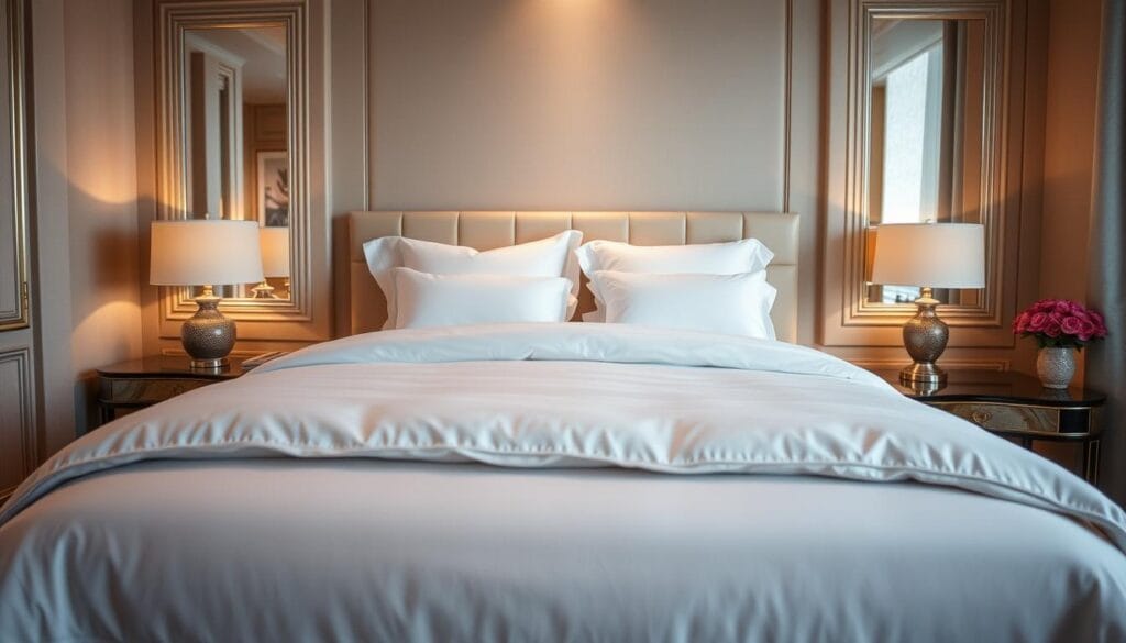 A luxurious five-star hotel room interior, showcasing the high-quality bedding and linens provided by شركة توريد العالمية للصناعة. The room is bathed in warm, soft lighting, creating a cozy and inviting atmosphere. The plush comforter and pillows on the king-size bed are meticulously arranged, exuding an air of comfort and elegance. The room's neutral color palette, with touches of rich fabrics and textures, adds to the overall refined ambiance. The carefully curated decor and attention to detail suggest a premium guest experience. The camera angle captures the bed as the focal point, highlighting the quality and craftsmanship of the hotel's bedding solutions.