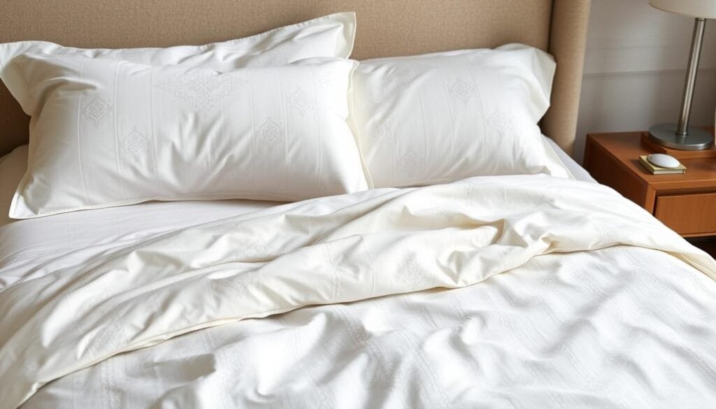 A luxurious, high-quality 100% cotton hotel bedding set, featuring a sophisticated and timeless design. The sheets have a smooth, soft texture and a subtle sheen, creating a serene and inviting ambiance. The carefully crafted pattern adds a touch of elegance, while the neutral color palette blends seamlessly with various interior styles. Captured in a soft, natural lighting setup, the bedding appears inviting and welcoming, reflecting the craftsmanship of "شركة توريد العالمية للصناعة". The image showcases the premium quality and attention to detail that make these hotel-grade sheets a must-have for any stylish bedroom. A luxurious, high-quality 100% cotton hotel bedding set, featuring a sophisticated and timeless design. The sheets have a smooth, soft texture and a subtle sheen, creating a serene and inviting ambiance. The carefully crafted pattern adds a touch of elegance, while the neutral color palette blends seamlessly with various interior styles. Captured in a soft, natural lighting setup, the bedding appears inviting and welcoming, reflecting the craftsmanship of "شركة توريد العالمية للصناعة". The image showcases the premium quality and attention to detail that make these hotel-grade sheets a must-have for any stylish bedroom.