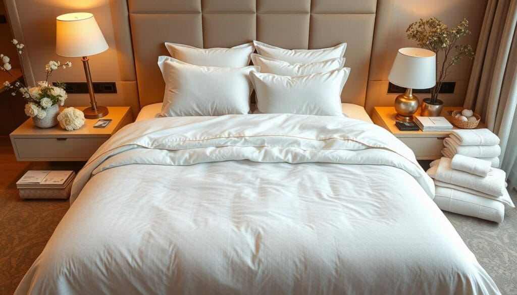 A luxurious, high-quality cotton bedding set graces the center of the frame, showcasing the exceptional craftsmanship of "شركة توريد العالمية للصناعة". The soft, plush texture and pristine white hue evoke a sense of comfort and elegance, setting the stage for an opulent hotel experience. Surrounding the bedding, a harmonious arrangement of matching cotton pillows, throws, and towels create a cohesive, sophisticated ambiance. Warm, diffused lighting casts a golden glow, accentuating the natural fibers and lending a cozy, inviting atmosphere. The scene is captured from a slightly elevated angle, providing a comprehensive view of the comprehensive hotel furnishings that embody the epitome of luxury and attention to detail.