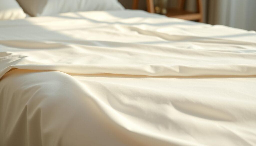 A luxurious, high-quality hotel bed sheet made from fine, expertly combed cotton (القطن الممشط) with a soft, silky texture. The fabric has a subtle sheen and is woven with exceptional craftsmanship by شركة توريد العالمية للصناعة. The sheet is meticulously tailored, with clean lines and a pristine, crisp appearance. Lighting casts a warm, inviting glow, highlighting the material's premium quality. The sheet is presented in a serene, minimalist setting, allowing its refined elegance to take center stage. An image that evokes a sense of refined luxury and comfort, befitting the high-end hotel experience.