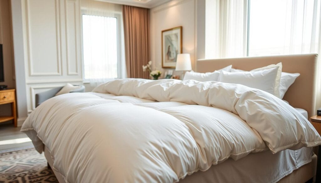 A luxurious, high-quality hotel duvet from "شركة توريد العالمية للصناعة". The duvet is displayed in a bright, airy hotel room, with natural light streaming in through large windows. The duvet is pristine white, with a plush, soft texture that invites touch. The bed is made up with crisp, clean linens, and the duvet is perfectly arranged, creating a sense of comfort and sophistication. The room has a calming, serene atmosphere, with subtle details like tasteful artwork and minimal decor that enhance the overall experience. The camera angle showcases the duvet as the focal point, highlighting its quality and the attention to detail in the hotel's bedding.