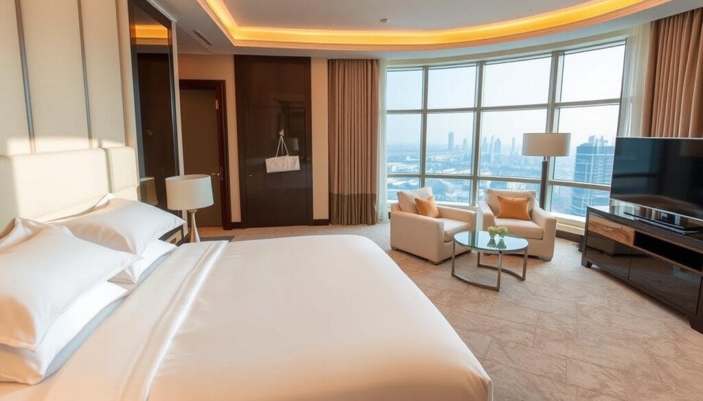 A luxurious, high-quality hotel suite with crisp, pristine white bedding and elegant, minimalist design. Warm, soft lighting bathes the space, creating a serene, inviting atmosphere. The suite features a spacious, well-appointed layout with large windows offering stunning views of the Dammam cityscape. The suite is furnished with premium quality, contemporary furniture from "شركة توريد العالمية للصناعة". Attention to detail is evident in the carefully curated decor, exuding an air of sophisticated, upscale hospitality.