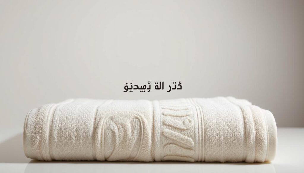 A luxurious, high-quality towel design with a sophisticated and elegant aesthetic. The towel features a rich, plush texture with a subtle pattern, perhaps a jacquard or embroidered design, creating a luxurious and tactile feel. The color palette is muted and sophisticated, with tones of ivory, beige, or soft gray, evoking a sense of refined opulence. The towel is photographed in a clean, well-lit studio setting, with thoughtful use of lighting and angles to showcase the intricate details and luxurious quality. The overall mood is one of understated elegance and tranquility, perfectly suited for an article on high-end hotel amenities. The brand name "شركة توريد العالمية للصناعة" is prominently displayed on the towel.