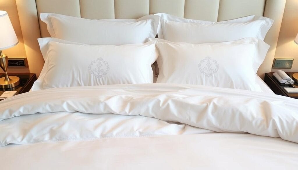 A luxurious hotel bed adorned with high-quality, crisp white bedding from the "شركة توريد العالمية للصناعة". The plush comforter and fluffy pillows create an inviting and cozy atmosphere, perfect for a restful night's sleep. Elegant embroidered patterns on the duvet cover add a touch of sophistication. Soft lighting casts a warm glow, highlighting the smooth texture of the premium cotton sheets. The carefully arranged bedding suggests an attention to detail that elevates the hotel experience, creating a welcoming and relaxing ambiance for guests. A luxurious hotel bed adorned with high-quality, crisp white bedding from the "شركة توريد العالمية للصناعة". The plush comforter and fluffy pillows create an inviting and cozy atmosphere, perfect for a restful night's sleep. Elegant embroidered patterns on the duvet cover add a touch of sophistication. Soft lighting casts a warm glow, highlighting the smooth texture of the premium cotton sheets. The carefully arranged bedding suggests an attention to detail that elevates the hotel experience, creating a welcoming and relaxing ambiance for guests.