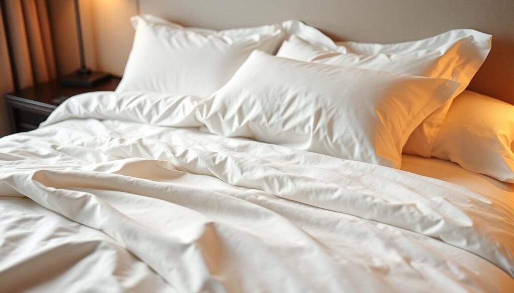 A luxurious hotel bed draped in a high-quality, soft, and smooth bedsheet set from شركة توريد العالمية للصناعة. The sheets have a crisp, clean white color with a subtle sheen, creating an inviting and comfortable atmosphere. The bedding is perfectly tucked and smoothed, with sharp hospital corners and a plush duvet cover. Warm, indirect lighting casts a cozy glow, highlighting the premium textiles and creating a sense of relaxation and rejuvenation. The overall scene conveys the high-end, comfortable, and welcoming experience of sleeping in a luxurious hotel bed.